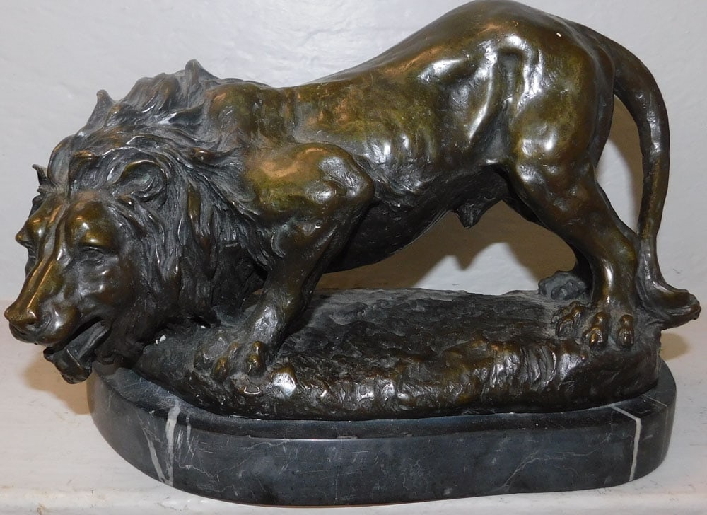 Bronze Sculpture of Lion on Marble Base (1 of 4)