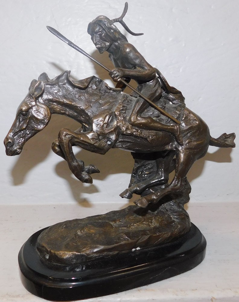 Bronze Indian Warrior on Horseback on Marble Base, (Marble Has Crack) (1 of 4)