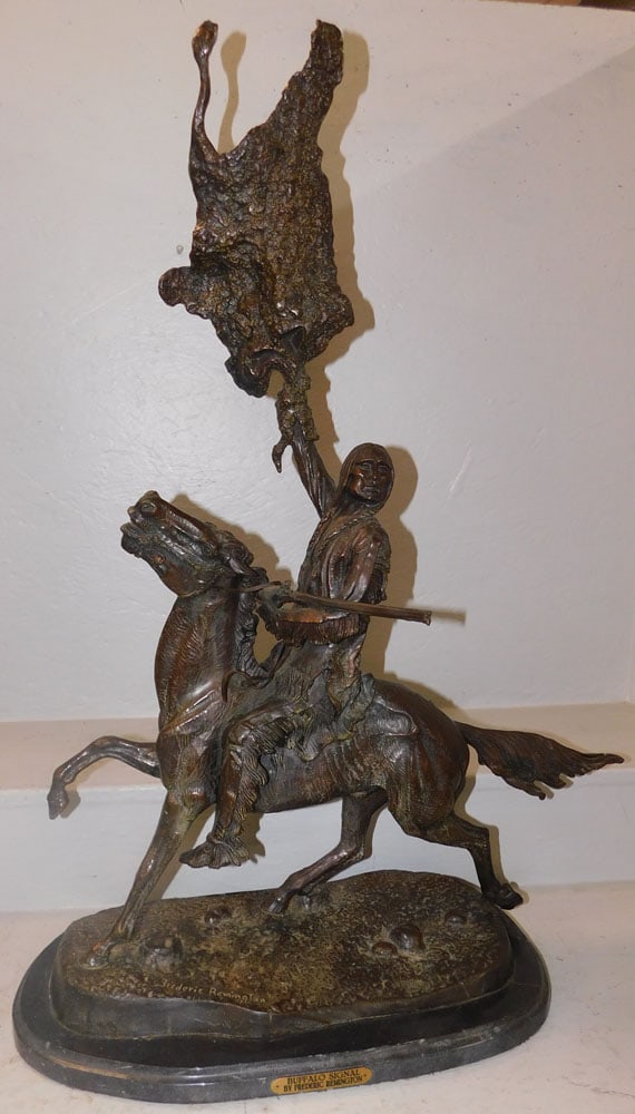Bronze Sculpture on Marble Base "Buffalo Signal" by Frederick Remington: Bronze Sculpture on Marble Base "Buffalo Signal" by Frederick Remington. 36" H 25 1/4" W ALL DESCRIPTIONS AND ANY CONDITION STATEMENT GIVEN BY LANGSTON AUCTION GALLERY ARE STRICTLY OPINIONS AND LANGST