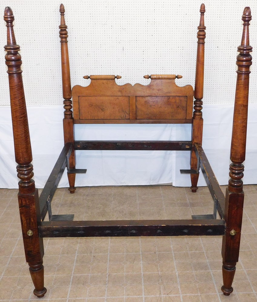 19th Century Tiger Maple Acorn Four Post Bed with Bolts & Rails: 19th Century Tiger Maple Acorn Four Post Bed with Bolts & Rails . 88 1/4" H 65" W ALL DESCRIPTIONS AND ANY CONDITION STATEMENT GIVEN BY LANGSTON AUCTION GALLERY ARE STRICTLY OPINIONS AND LANGSTON'S SH