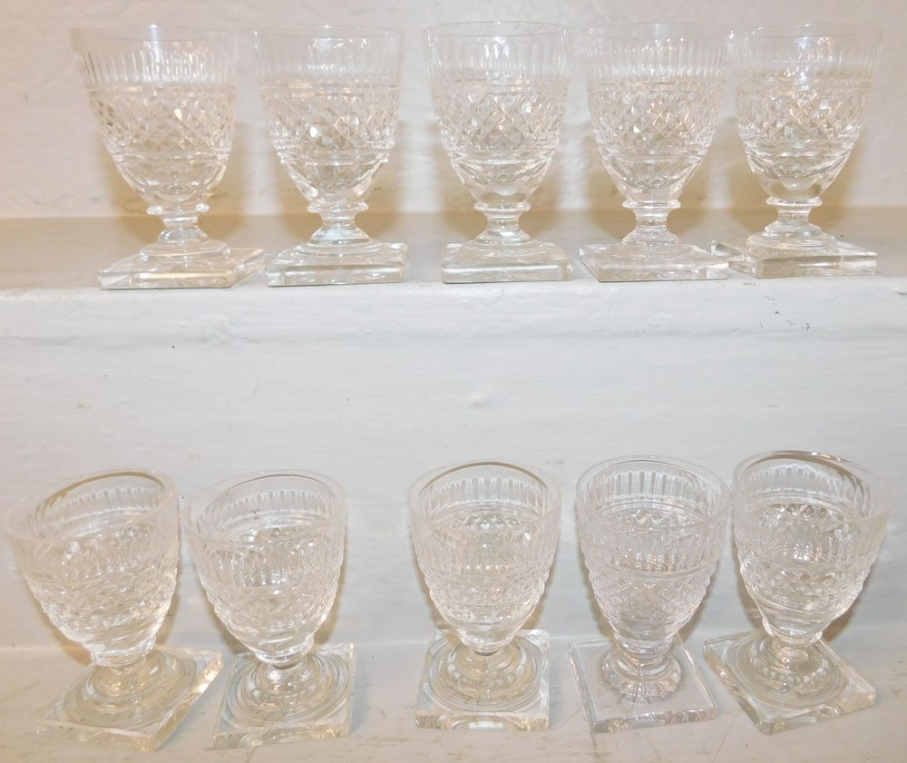 Set of Ten Cut Glass Pedestal Base Sherries: Set of Ten Cut Glass Pedestal Base Sherries . 3 1/4" H 2" Dia. ALL DESCRIPTIONS AND ANY CONDITION STATEMENT GIVEN BY LANGSTON AUCTION GALLERY ARE STRICTLY OPINIONS AND LANGSTON'S SHALL HAVE NO