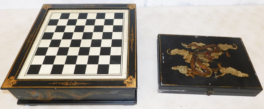 Two Painted Oriental Game Boxes: Two Painted Oriental Game Boxes . Up to 6 1/4" 17 1/4" Dia. ALL DESCRIPTIONS AND ANY CONDITION STATEMENT GIVEN BY LANGSTON AUCTION GALLERY ARE STRICTLY OPINIONS AND LANGSTON'S SHALL HAVE NO