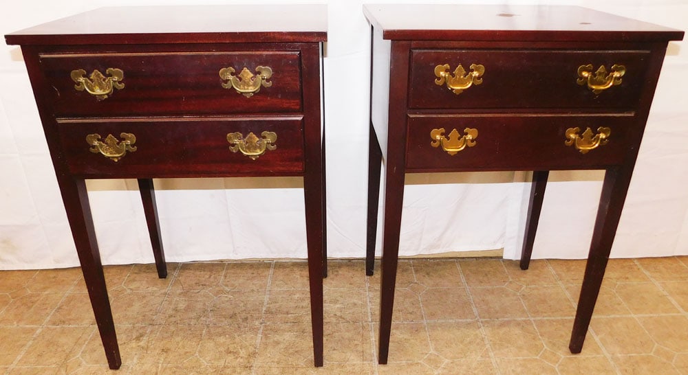 Pair of Mahogany Two Drawer Tapered Leg Night Stands by Caro-Craft: Pair of Mahogany Two Drawer Tapered Leg Night Stands by Caro-Craft. 32" H 22 1/4" W 17 1/2" D ALL DESCRIPTIONS AND ANY CONDITION STATEMENT GIVEN BY LANGSTON AUCTION GALLERY ARE STRICTLY OPINIONS AND