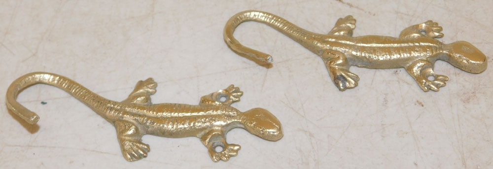 Two Cast Brass Lizard Form Wall Hooks - 2