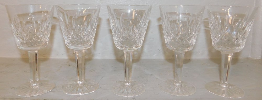 Five Waterford Crystal Wines, "Lismore": Five Waterford Crystal Wines, "Lismore". 5 3/4" H 3" Dia. ALL DESCRIPTIONS AND ANY CONDITION STATEMENT GIVEN BY LANGSTON AUCTION GALLERY ARE STRICTLY OPINIONS AND LANGSTON'S SHALL HAVE NO RESPONSIBILI
