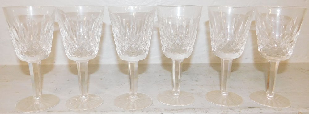 Six Waterford Crystal Wines, "Lismore": Six Waterford Crystal Wines, "Lismore". 5 1/2" H 2 3/4" Dia. ALL DESCRIPTIONS AND ANY CONDITION STATEMENT GIVEN BY LANGSTON AUCTION GALLERY ARE STRICTLY OPINIONS AND LANGSTON'S SHALL HAVE NO RESPONSIB