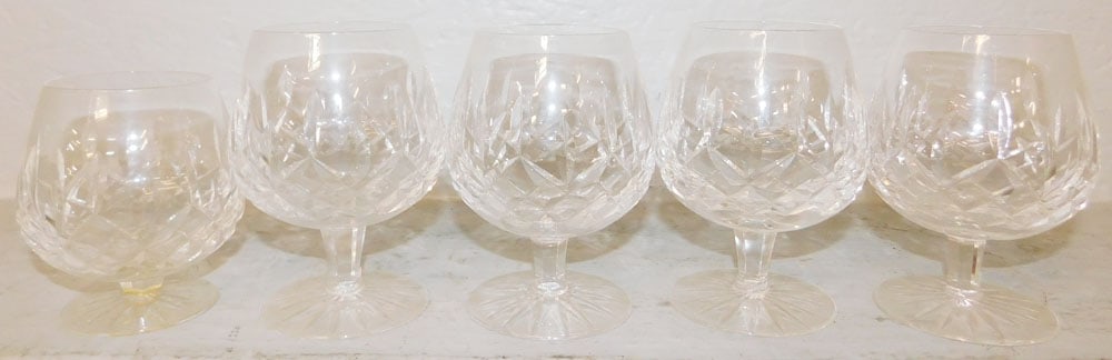 Five Waterford Crystal Brandy Sniffers, "Lismore": Five Waterford Crystal Brandy Sniffers, "Lismore". 5" H 3 1/2" Dia. ALL DESCRIPTIONS AND ANY CONDITION STATEMENT GIVEN BY LANGSTON AUCTION GALLERY ARE STRICTLY OPINIONS AND LANGSTON'S SHALL HAVE NO