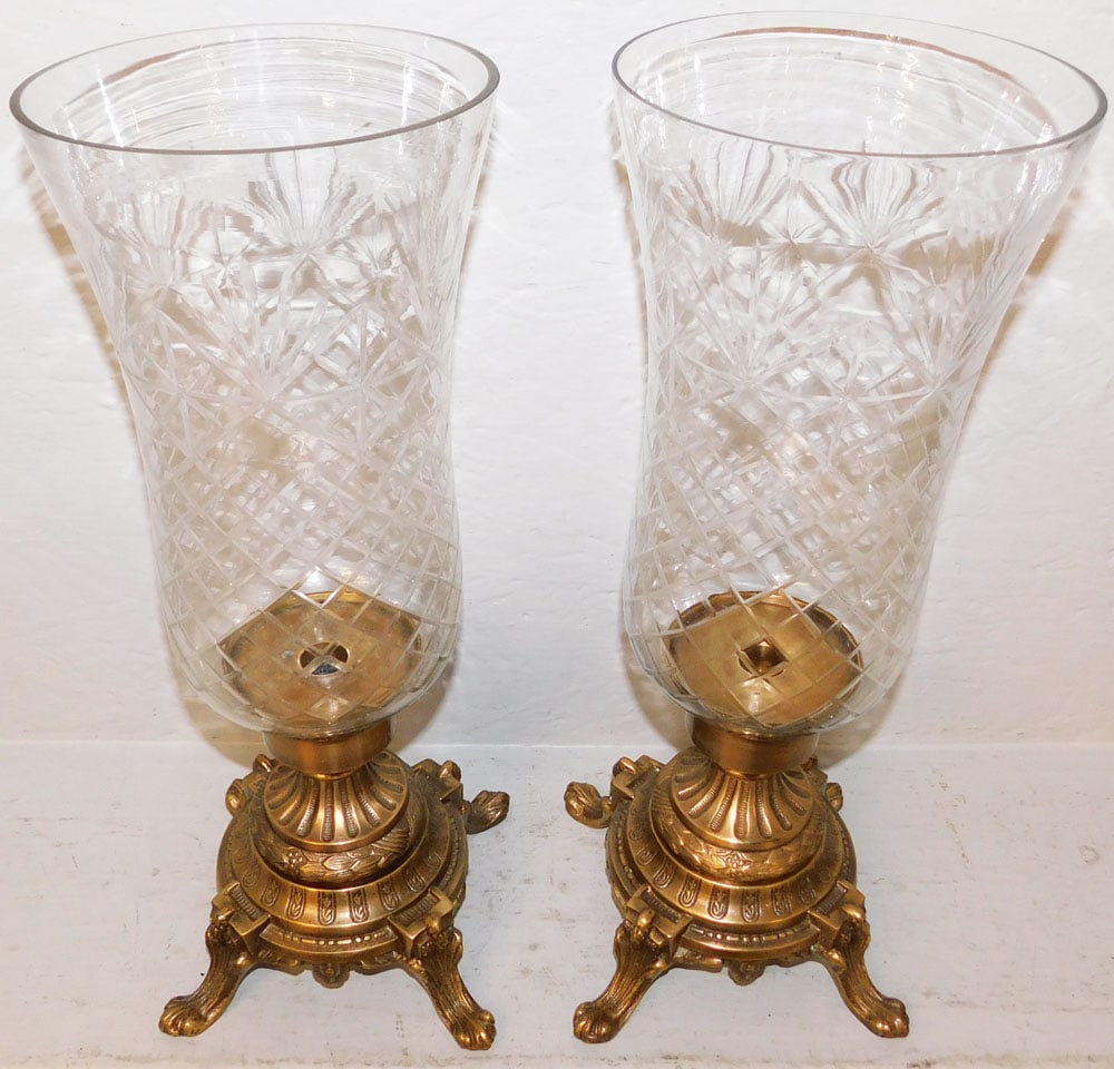 Pair of Brass & Cut Glass Shade Candleholders (1 of 3)