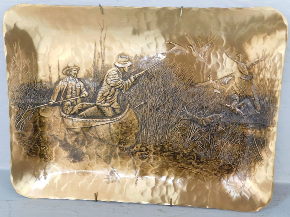 Hand Made Bronze Hammered Duck Hunting Relief Plaque Artist Signed: Hand Made Bronze Hammered Duck Hunting Relief Plaque Artist Signed. 11 3/4" x 9" ALL DESCRIPTIONS AND ANY CONDITION STATEMENT GIVEN BY LANGSTON AUCTION GALLERY ARE STRICTLY OPINIONS AND LANGSTON'S SHA