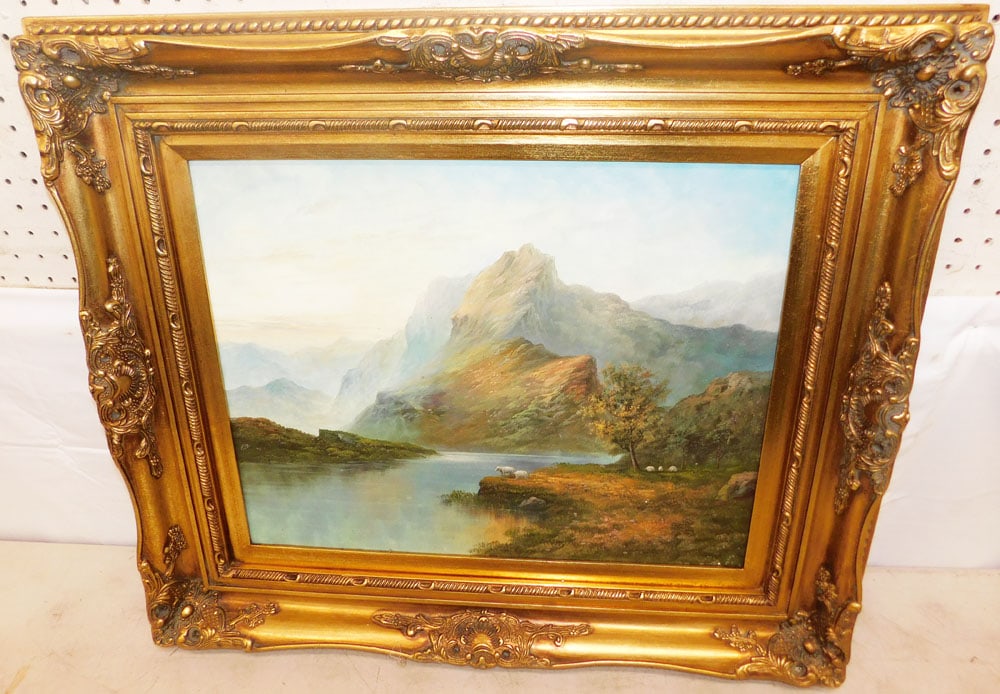 Framed Oil on Canvas Sheep & Lake Scene: Framed Oil on Canvas Sheep & Lake Scene . 24 1/4" x 28 1/4" ALL DESCRIPTIONS AND ANY CONDITION STATEMENT GIVEN BY LANGSTON AUCTION GALLERY ARE STRICTLY OPINIONS AND LANGSTON'S SHALL HAVE NO RESPONSIBI