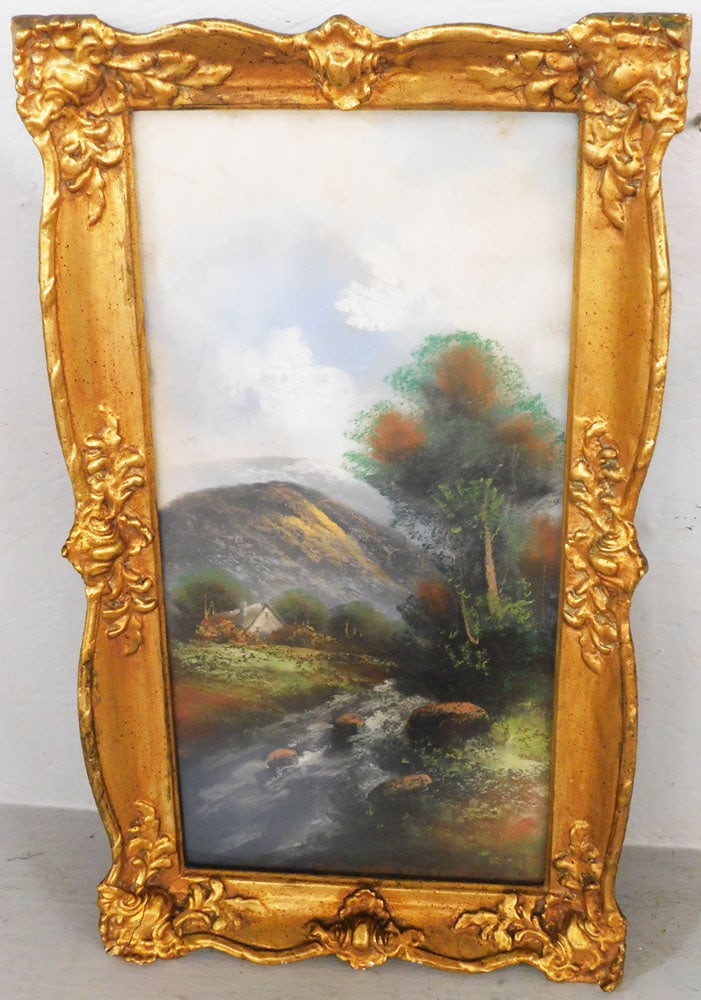 Antique Gilded Frame European Pastel Cottage & River Landscape Artist Signed: Antique Gilded Frame European Pastel Cottage & River Landscape Artist Signed . 28" x 16" ALL DESCRIPTIONS AND ANY CONDITION STATEMENT GIVEN BY LANGSTON AUCTION GALLERY ARE STRICTLY OPINIONS AND