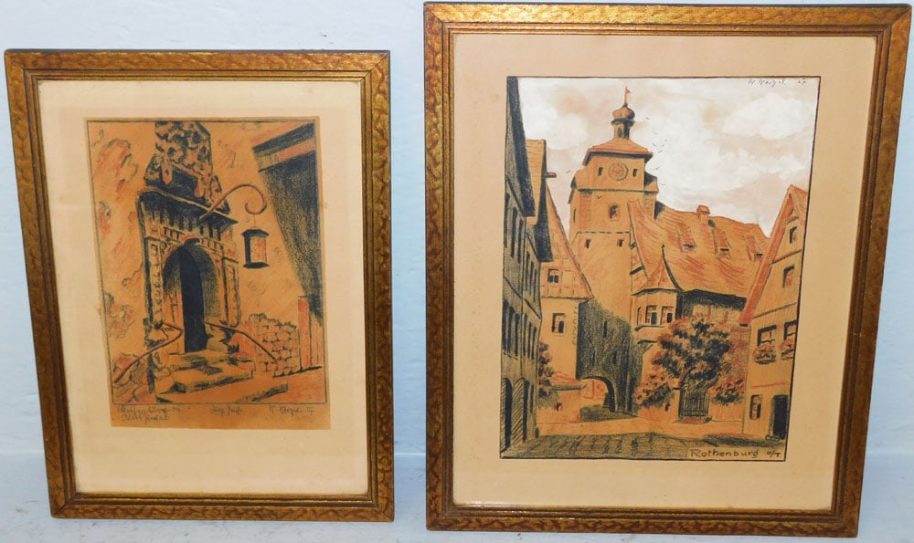 Two Antique Framed Colored Etchings of Rothenburg Town in Germany Artist Signed (1 of 6)