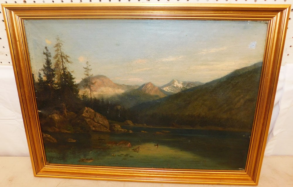 19th Century Oil on Canvas Lake & Mountain Scene Artist Signed: 19th Century Oil on Canvas Lake & Mountain Scene Artist Signed. 21 1/4" x 28 1/2" ALL DESCRIPTIONS AND ANY CONDITION STATEMENT GIVEN BY LANGSTON AUCTION GALLERY ARE STRICTLY OPINIONS AND LANGSTON'S