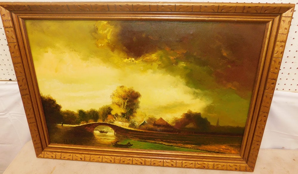 Framed Oil on Canvas Bridge Scene Artist Signed: Framed Oil on Canvas Bridge Scene Artist Signed . 29" x 41" ALL DESCRIPTIONS AND ANY CONDITION STATEMENT GIVEN BY LANGSTON AUCTION GALLERY ARE STRICTLY OPINIONS AND LANGSTON'S SHALL HAVE NO