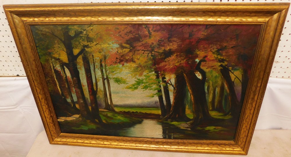 Framed Oil on Canvas River & Forest Scene Artist Signed: Framed Oil on Canvas River & Forest Scene Artist Signed . 27 3/4" x 39 3/4" ALL DESCRIPTIONS AND ANY CONDITION STATEMENT GIVEN BY LANGSTON AUCTION GALLERY ARE STRICTLY OPINIONS AND LANGSTON'S SHALL