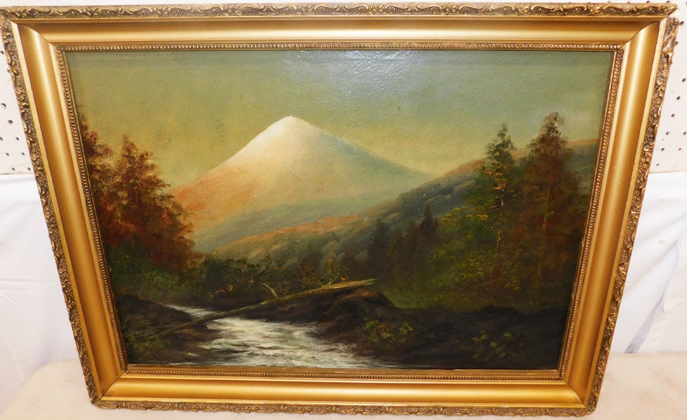 19th Century Oil on Canvas River & Mountain Scene: 19th Century Oil on Canvas River & Mountain Scene . 24" x 32" ALL DESCRIPTIONS AND ANY CONDITION STATEMENT GIVEN BY LANGSTON AUCTION GALLERY ARE STRICTLY OPINIONS AND LANGSTON'S SHALL HAVE NO