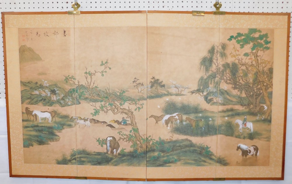 Oriental Watercolor Four Panel Hanging Wall Screen on Rice Paper: Oriental Watercolor Four Panel Hanging Wall Screen on Rice Paper . 35 1/4" x 59" ALL DESCRIPTIONS AND ANY CONDITION STATEMENT GIVEN BY LANGSTON AUCTION GALLERY ARE STRICTLY OPINIONS AND LANGSTON'S
