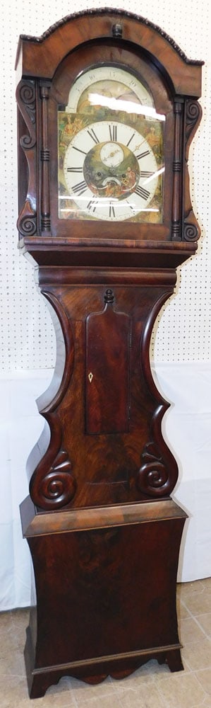 19th Century Mahogany Grandfather Clock with Hand Painted Dial Marked Humph' Owen Carnarvon, Working: 19th Century Mahogany Grandfather Clock with Hand Painted Dial Marked Humph' Owen Carnarvon, Working. 90" H 24 1/2" W 10" D ALL DESCRIPTIONS AND ANY CONDITION STATEMENT GIVEN BY LANGSTON AUCTION GALLE