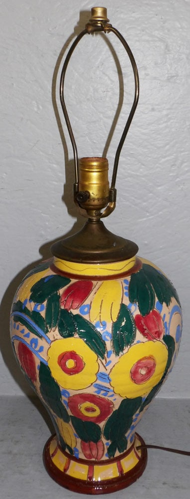 Italian Sgraffito Floral Paint Decorated Pottery Lamp: Italian Sgraffito Floral Paint Decorated Pottery Lamp. 21 1/2" H 8" Dia. ALL DESCRIPTIONS AND ANY CONDITION STATEMENT GIVEN BY LANGSTON AUCTION GALLERY ARE STRICTLY OPINIONS AND LANGSTON'S SHALL HAVE 