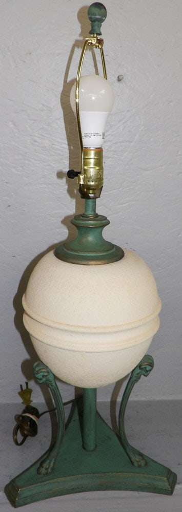 Modern Frankart Style Painted Metal Ceramic Sphere Lamp with Ram's Head Accents: Modern Frankart Style Painted Metal Ceramic Sphere Lamp with Ram's Head Accents. 28" H 8" Dia. ALL DESCRIPTIONS AND ANY CONDITION STATEMENT GIVEN BY LANGSTON AUCTION GALLERY ARE STRICTLY OPINIONS AND 