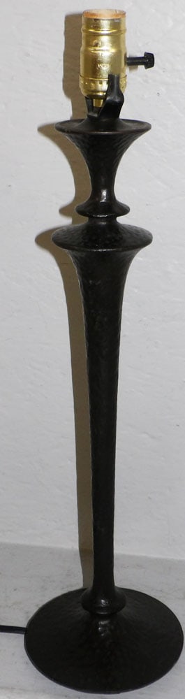 Alberto Giacometti Style Brutalist Hammered Iron Table Lamp: Alberto Giacometti Style Brutalist Hammered Iron Table Lamp . 22 1/4" H 6" Dia. ALL DESCRIPTIONS AND ANY CONDITION STATEMENT GIVEN BY LANGSTON AUCTION GALLERY ARE STRICTLY OPINIONS AND LANGSTON'S SHAL