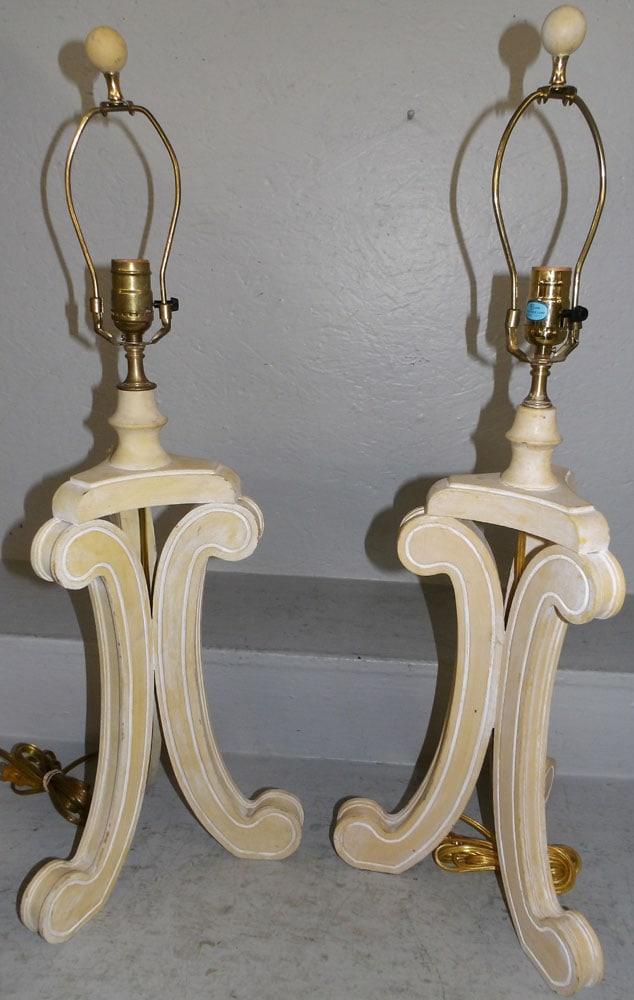 Pair of French Style Distressed Finished Wood Lamps with Scroll Leg Base: Pair of French Style Distressed Finished Wood Lamps with Scroll Leg Base. 31" H 11" W ALL DESCRIPTIONS AND ANY CONDITION STATEMENT GIVEN BY LANGSTON AUCTION GALLERY ARE STRICTLY OPINIONS AND