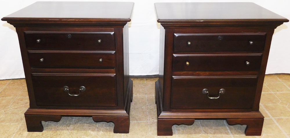 Pair of Cherry Three Drawer Night Stands by Sumter Cabinet Co.: Pair of Cherry Three Drawer Night Stands by Sumter Cabinet Co.. 26 1/2" H 24" W 17" D ALL DESCRIPTIONS AND ANY CONDITION STATEMENT GIVEN BY LANGSTON AUCTION GALLERY ARE STRICTLY OPINIONS AND