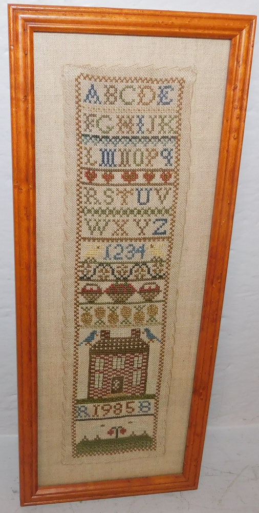 Framed Needlework Sampler Dated 1985 in Birds Eye Maple Frame (1 of 4)