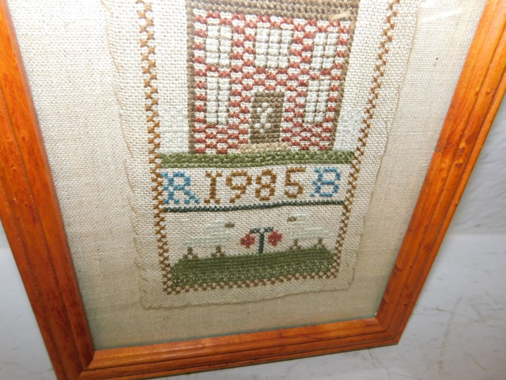 Framed Needlework Sampler Dated 1985 in Birds Eye Maple Frame - 2
