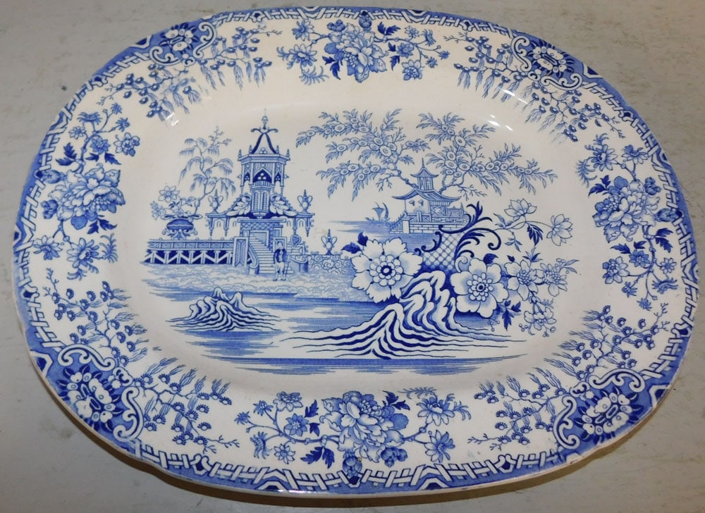 Antique Blue Transfer Platter: Antique Blue Transfer Platter . 18 1/4" x 14 3/4" ALL DESCRIPTIONS AND ANY CONDITION STATEMENT GIVEN BY LANGSTON AUCTION GALLERY ARE STRICTLY OPINIONS AND LANGSTON'S SHALL HAVE NO RESPONSIBILITY FOR E