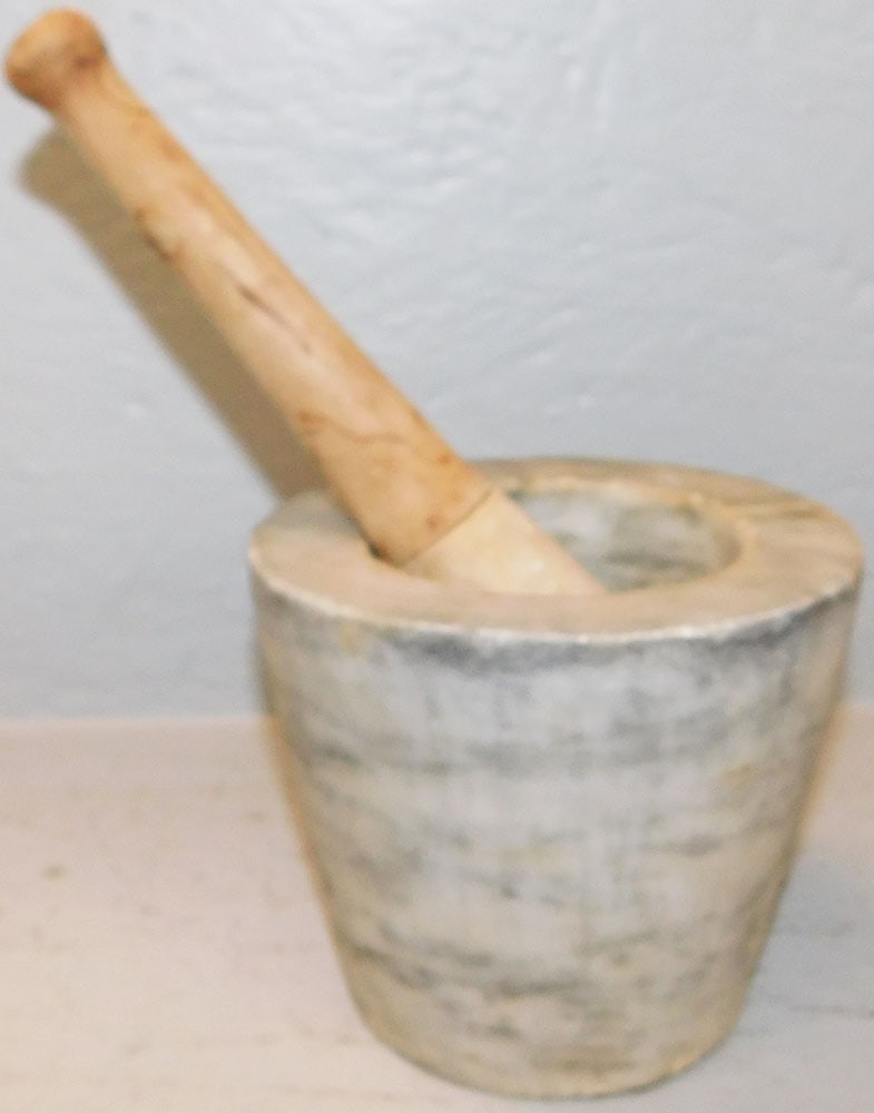 Antique Marble & Wood Handle Mortar & Pestle: Antique Marble & Wood Handle Mortar & Pestle. Up to 8" L ALL DESCRIPTIONS AND ANY CONDITION STATEMENT GIVEN BY LANGSTON AUCTION GALLERY ARE STRICTLY OPINIONS AND LANGSTON'S SHALL HAVE NO