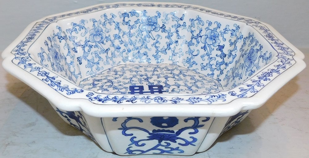 Oriental Blue & White Porcelain Bowl Signed with Character Marks: Oriental Blue & White Porcelain Bowl Signed with Character Marks . 4" H 13 3/4" Dia. ALL DESCRIPTIONS AND ANY CONDITION STATEMENT GIVEN BY LANGSTON AUCTION GALLERY ARE STRICTLY OPINIONS AND