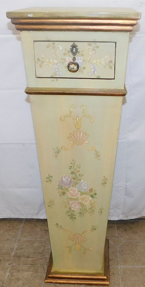 Paint Decorated Pedestal with One Drawer: Paint Decorated Pedestal with One Drawer. 38 3/4" H 13 1/4" Dia. ALL DESCRIPTIONS AND ANY CONDITION STATEMENT GIVEN BY LANGSTON AUCTION GALLERY ARE STRICTLY OPINIONS AND LANGSTON'S SHALL HAVE NO