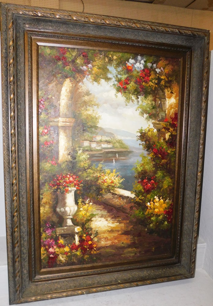 Framed Oil on Canvas Italian Lake Scene: Framed Oil on Canvas Italian Lake Scene . 47" x 34 1/4" ALL DESCRIPTIONS AND ANY CONDITION STATEMENT GIVEN BY LANGSTON AUCTION GALLERY ARE STRICTLY OPINIONS AND LANGSTON'S SHALL HAVE NO RESPONSIBILITY