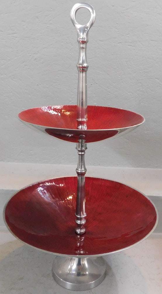 Two Tier Aluminum & Enamel Epergne: Two Tier Aluminum & Enamel Epergne . 27" H 16" Dia. ALL DESCRIPTIONS AND ANY CONDITION STATEMENT GIVEN BY LANGSTON AUCTION GALLERY ARE STRICTLY OPINIONS AND LANGSTON'S SHALL HAVE NO RESPONSIBILITY FOR