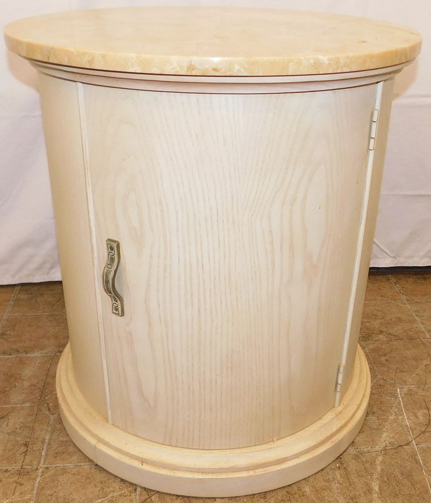 Round Bleached Oak & Marble Top One Door Stand: Round Bleached Oak & Marble Top One Door Stand . 25" H 22 1/2" Dia. ALL DESCRIPTIONS AND ANY CONDITION STATEMENT GIVEN BY LANGSTON AUCTION GALLERY ARE STRICTLY OPINIONS AND LANGSTON'S SHALL HAVE NO RE