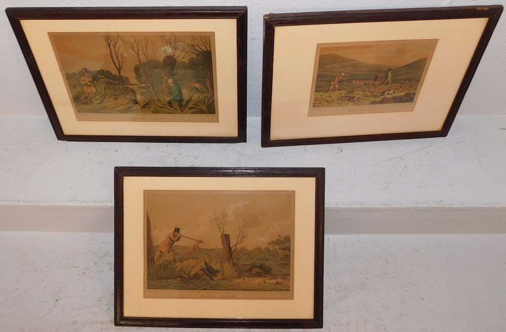 Three Framed Hand Colored Hunt Scene Engravings: Three Framed Hand Colored Hunt Scene Engravings . Up to 17" x 13" ALL DESCRIPTIONS AND ANY CONDITION STATEMENT GIVEN BY LANGSTON AUCTION GALLERY ARE STRICTLY OPINIONS AND LANGSTON'S SHALL HAVE NO RESP