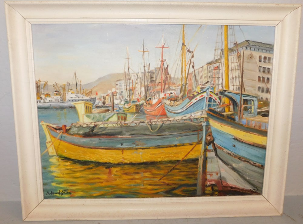 Framed Oil on Canvas Boat Dock Scene Signed & Dated: Framed Oil on Canvas Boat Dock Scene Signed & Dated. 19 3/4" x 25" ALL DESCRIPTIONS AND ANY CONDITION STATEMENT GIVEN BY LANGSTON AUCTION GALLERY ARE STRICTLY OPINIONS AND LANGSTON'S SHALL HAVE NO RES