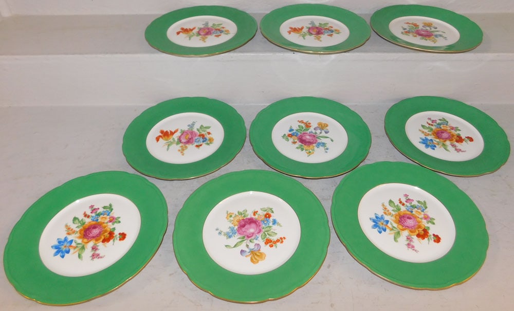 Nine Hand Painted Bohemia Porcelain Plates, "Baronet": Nine Hand Painted Bohemia Porcelain Plates, "Baronet". 11" Dia. ALL DESCRIPTIONS AND ANY CONDITION STATEMENT GIVEN BY LANGSTON AUCTION GALLERY ARE STRICTLY OPINIONS AND LANGSTON'S SHALL HAVE NO