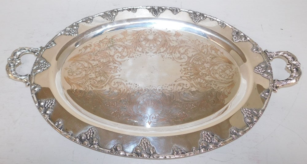 Silver on Copper Serving Tray with Grape & Cable Border: Silver on Copper Serving Tray with Grape & Cable Border. 23 1/2" x 14" ALL DESCRIPTIONS AND ANY CONDITION STATEMENT GIVEN BY LANGSTON AUCTION GALLERY ARE STRICTLY OPINIONS AND LANGSTON'S SHALL HAVE NO
