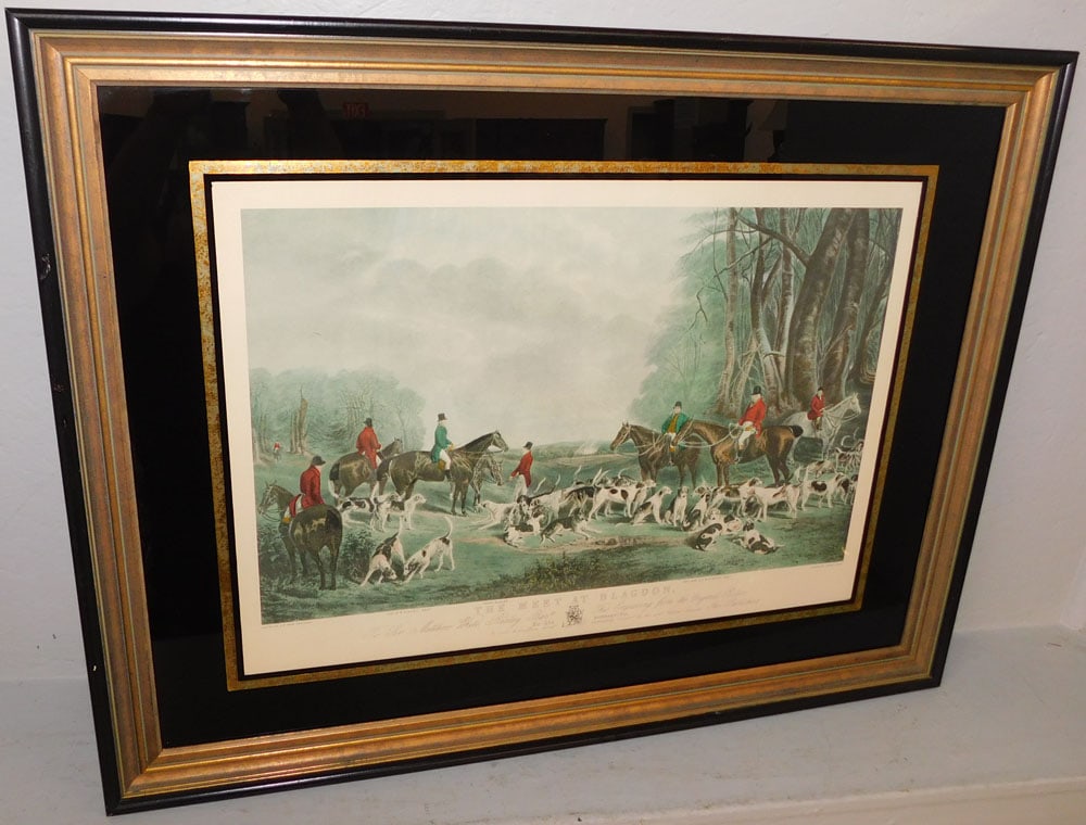 Framed & Eglomise Border Hand Colored Fox Hunt Engraving "The Meet at Bagdon": Framed & Eglomise Border Hand Colored Fox Hunt Engraving "The Meet at Bagdon". 28" x 35 3/4" ALL DESCRIPTIONS AND ANY CONDITION STATEMENT GIVEN BY LANGSTON AUCTION GALLERY ARE STRICTLY OPINIONS AND
