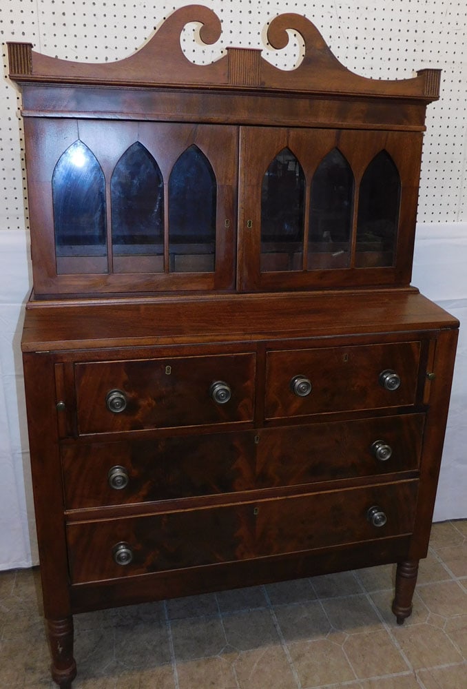 19th Century Mahogany Glass Door Secretary: 19th Century Mahogany Glass Door Secretary . 62 1/2" H 39" W 18" D ALL DESCRIPTIONS AND ANY CONDITION STATEMENT GIVEN BY LANGSTON AUCTION GALLERY ARE STRICTLY OPINIONS AND LANGSTON'S SHALL HAVE NO
