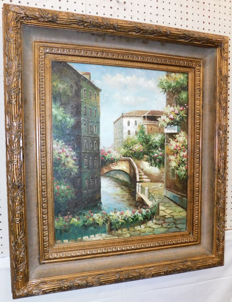Framed Oil on Canvas Venetian Scene Artist Signed: Framed Oil on Canvas Venetian Scene Artist Signed . 35" x 31" ALL DESCRIPTIONS AND ANY CONDITION STATEMENT GIVEN BY LANGSTON AUCTION GALLERY ARE STRICTLY OPINIONS AND LANGSTON'S SHALL HAVE NO