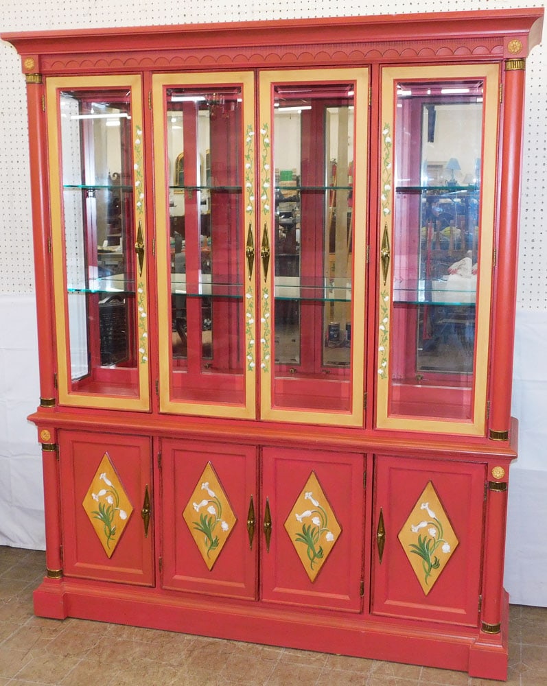 Paint Decorated Bevel Edge Glass Two Piece China Cabinet with Brass Ormolu by Stanley Furniture: Paint Decorated Bevel Edge Glass Two Piece China Cabinet with Brass Ormolu by Stanley Furniture . 78" H 65 1/4" W 17" D ALL DESCRIPTIONS AND ANY CONDITION STATEMENT GIVEN BY LANGSTON AUCTION GALLERY A