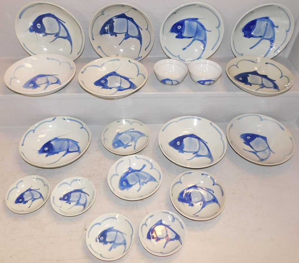 Nineteen Blue & White Porcelain Bowls with Chinese Koi Motif (1 of 4)