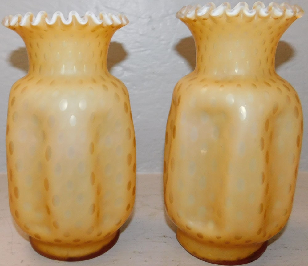 Pair of Art Glass Ruffled Top Vases: Pair of Art Glass Ruffled Top Vases . 8 1/4" H 4 1/2" Dia. ALL DESCRIPTIONS AND ANY CONDITION STATEMENT GIVEN BY LANGSTON AUCTION GALLERY ARE STRICTLY OPINIONS AND LANGSTON'S SHALL HAVE NO RESPONSIBIL