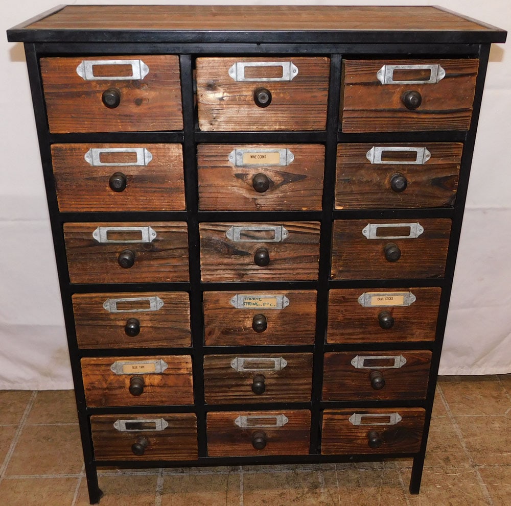 Pine & Wrought Iron Eighteen Drawer Apothecary Style Chest: Pine & Wrought Iron Eighteen Drawer Apothecary Style Chest . 32 1/4" H 25" W 12 1/2" D ALL DESCRIPTIONS AND ANY CONDITION STATEMENT GIVEN BY LANGSTON AUCTION GALLERY ARE STRICTLY OPINIONS AND