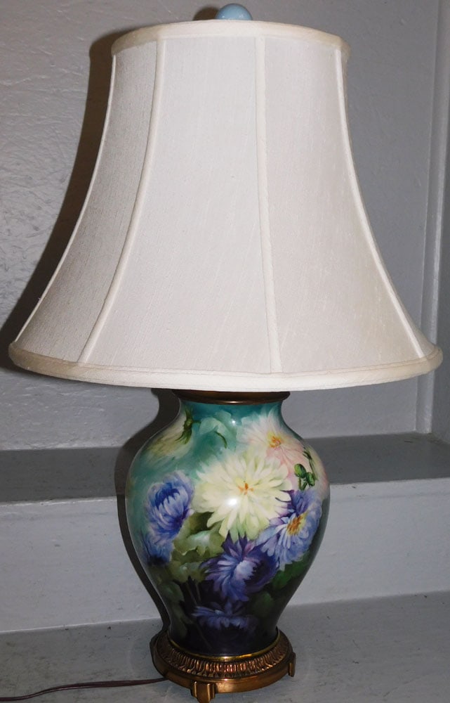 Antique Hand Painted French or German Porcelain Floral Vase Made Into Lamp: Antique Hand Painted French or German Porcelain Floral Vase Made Into Lamp. 25 1/2" H Shade: 16" Dia. ALL DESCRIPTIONS AND ANY CONDITION STATEMENT GIVEN BY LANGSTON AUCTION GALLERY ARE STRICTLY OPINIO