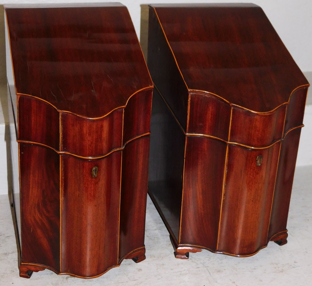 Pair of Antique Mahogany Serpentine Front Knife Boxes with Pin Wheel Inlay interior (1 of 8)