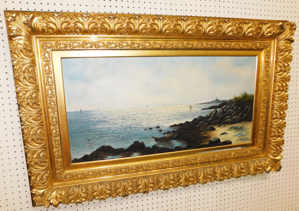 Large Ornate Gilt Frame 19th Century Oil on Canvas of a New England Rocky Shore by J.H. Slack: Large Ornate Gilt Frame 19th Century Oil on Canvas of a New England Rocky Shore by J.H. Slack. 31" x 49" ALL DESCRIPTIONS AND ANY CONDITION STATEMENT GIVEN BY LANGSTON AUCTION GALLERY ARE STRICTLY OPI